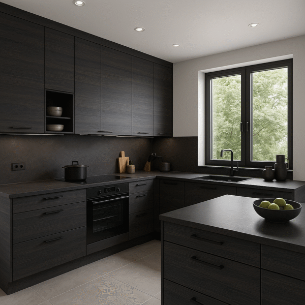 Moderne L-Küche in dunklem Holzdekor K016 Carbon Marine Wood mit mattschwarzen Griffen, schwarzen Arbeitsplatten und integrierten Elektrogeräten. Großes Fenster mit Blick ins Grüne sorgt für Tageslicht. Zeitgemäßes, minimalistisches Design.