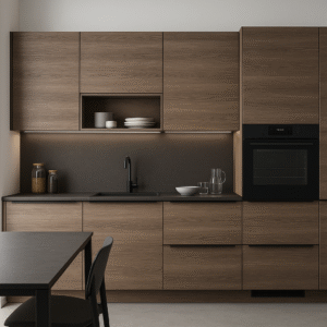 Moderne Einbauküche nach Maß im Dekor K018 Smoked Liberty Elm mit durchgehender Holzmaserung, dunkler Arbeitsplatte, schwarzen Griffleisten, integrierter Spüle und Backofen, sowie stilvoller LED-Beleuchtung unter den Oberschränken.