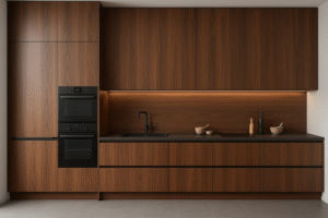 Moderne Einbauküche mit Fronten und Rückwand in der warmen Holzdekorfarbe K020 Fireside Select Walnut. Die grifflosen Schränke mit waagerechtem Maserungsverlauf ergänzen sich mit einer schwarzen Arbeitsplatte, schwarzem Spülbecken und integrierten schwarzen Einbaugeräten. Die indirekte Beleuchtung unter den Hängeschränken sorgt für ein stimmungsvolles Licht.
