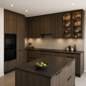 Moderner Küchenraum im L-Layout mit maßgefertigten Fronten in der Dekorfarbe K021 Barley Blackwood. Die dunkle Holzoptik der Schränke wird durch matte schwarze Arbeitsplatten ergänzt. Ein zentral platzierter Küchenblock mit Obstschale steht im Vordergrund. Die Küche ist mit Einbaugeräten, offenen Glasvitrinen und indirekter LED-Beleuchtung ausgestattet. Der Stil ist minimalistisch und elegant.