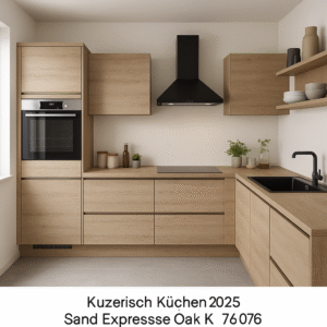 Moderne Maßküche 2025 in Sand Expressive Oak (Dekor K076) – Helle U-Küche mit grifflosen Fronten in sandfarbener Eichenoptik, schwarzer Dunstabzugshaube, integriertem Backofen, schwarzer Spüle und offenen Regalen. Die natürliche Holzmaserung verleiht der Küche einen warmen, zeitgemäßen Look.