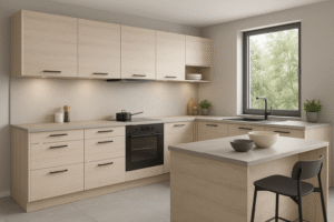 Moderne maßgefertigte Küche in hellem Holzdekor K080 White Coastland Oak mit L-Form, grauer Arbeitsplatte, schwarzen Griffen und integrierten Elektrogeräten, beleuchtet durch Tageslicht aus einem großen Fenster.