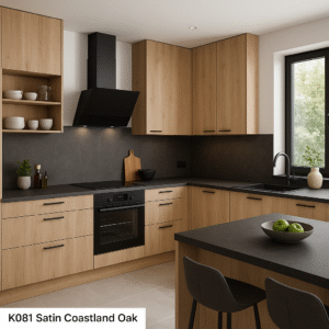Moderne Einbauküche in L-Form mit Fronten im Dekor K081 Satin Coastland Oak, schwarzen Arbeitsplatten, integriertem Backofen, Kochfeld, schwarzer Dunstabzugshaube und großem Fenster. Die natürliche Holzoptik kontrastiert harmonisch mit den mattschwarzen Elementen für ein zeitgemäßes, elegantes Design.
