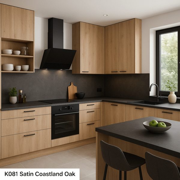 Moderne Einbauküche in L-Form mit Fronten im Dekor K081 Satin Coastland Oak, schwarzen Arbeitsplatten, integriertem Backofen, Kochfeld, schwarzer Dunstabzugshaube und großem Fenster. Die natürliche Holzoptik kontrastiert harmonisch mit den mattschwarzen Elementen für ein zeitgemäßes, elegantes Design.