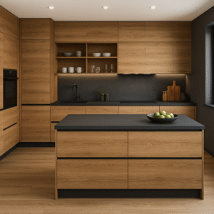 Moderne Küche nach Maß in Bourbon Oak (Dekorfarbe K082), 2025 – Die Küche zeigt ein U-förmiges Design mit grifflosen Fronten in warmem Holzdekor. Schwarze Akzente an Arbeitsplatte, Spüle und Geräten sorgen für stilvollen Kontrast. Eine zentrale Kücheninsel rundet das zeitgemäße, minimalistische Gesamtbild ab.