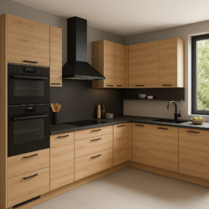 Moderne L-förmige Einbauküche mit Fronten in K086 Natural Rockford Hickory, schwarzen Griffen und mattschwarzer Arbeitsplatte. Die Küche verfügt über integrierte Elektrogeräte, ein Induktionskochfeld, eine schwarze Dunstabzugshaube sowie ein Spülbecken unter einem großen Fenster. Die Raumgestaltung ist hell und zeitgemäß mit grauen Wänden und hellen Bodenfliesen.
