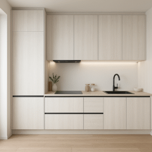 Moderne Einbauküche nach Maß in der Dekorfarbe K088 White Nordic Wood mit hellen, strukturierten Holzfronten, grifflosen Schränken, schwarzer Armatur, integriertem Kochfeld und minimalistischem Design.