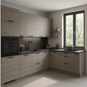 Moderne Einbauküche in L-Form mit Fronten in Dekorfarbe K089 Grey Nordic Wood, mattschwarzer Arbeitsplatte und schwarzen Griffen. Die Küche verfügt über Hängeschränke, integrierten Backofen, Spüle unter dem Fenster und offene Regalfläche. Tageslicht fällt durch ein großes Fenster auf die helle Holzoptik.