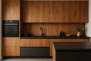 Moderne Einbauküche mit Fronten in Bronze Expressive Oak (Dekor K090), schwarzen Griffleisten und dunkler Arbeitsplatte. Die Küche ist grifflos gestaltet, mit integriertem Backofen, schwarzer Armatur und minimalistischer Dekoration in einem hellen, stilvollen Raum.