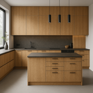 Moderne Einbauküche in der Dekorfarbe K105 Raw Endgrain Oak mit geradlinigen Fronten, dunkler Arbeitsplatte, Kücheninsel und minimalistischen schwarzen Griffen – stilvoll ausgeleuchtet durch schwarze Pendelleuchten vor hellem Hintergrund.