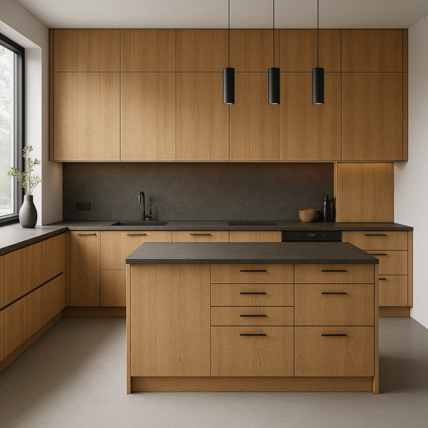 Moderne Einbauküche in der Dekorfarbe K105 Raw Endgrain Oak mit geradlinigen Fronten, dunkler Arbeitsplatte, Kücheninsel und minimalistischen schwarzen Griffen – stilvoll ausgeleuchtet durch schwarze Pendelleuchten vor hellem Hintergrund.