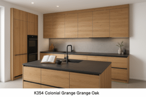 Moderne Küche nach Maß in Dekorfarbe K354 Colonial Grange Oak mit grifflosen Fronten, schwarzer Arbeitsplatte, Kücheninsel und eingebauten Geräten in zeitgemäßem Design.