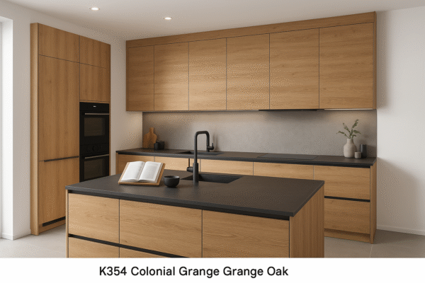 Moderne Küche nach Maß in Dekorfarbe K354 Colonial Grange Oak mit grifflosen Fronten, schwarzer Arbeitsplatte, Kücheninsel und eingebauten Geräten in zeitgemäßem Design.