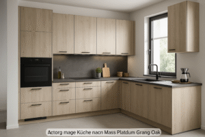 Moderne Küche nach Maß in Dekorfarbe K355 Platinum Grange Oak mit L-förmiger Anordnung, hellen Holzfronten, schwarzen Griffen, dunkler Arbeitsplatte und integriertem Backofen – Tageslicht fällt durch ein großes Fenster auf die stilvolle Einrichtung.