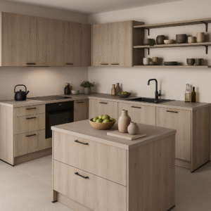 Moderne Küche nach Maß in der Dekorfarbe K357 Greige Castello Oak mit klaren Linien, grifflosen Fronten und einer zentralen Kochinsel. Die warme Holzoptik wird durch schwarze Armaturen, offene Regale und dezente Keramik-Deko ergänzt. Helle Wand- und Bodenfarben schaffen ein harmonisches, zeitgemäßes Ambiente.