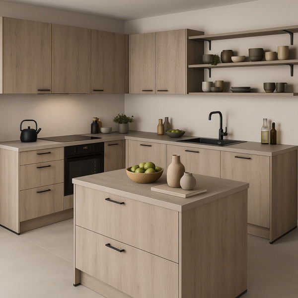 Moderne Küche nach Maß in der Dekorfarbe K357 Greige Castello Oak mit klaren Linien, grifflosen Fronten und einer zentralen Kochinsel. Die warme Holzoptik wird durch schwarze Armaturen, offene Regale und dezente Keramik-Deko ergänzt. Helle Wand- und Bodenfarben schaffen ein harmonisches, zeitgemäßes Ambiente.