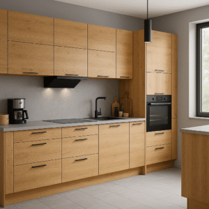 Moderne Einbauküche in Dekorfarbe K358 Honey Castello Oak mit grifflosem Design, matten grauen Arbeitsflächen, schwarzer Spüle, integriertem Backofen und großzügigem Tageslichteinfall.