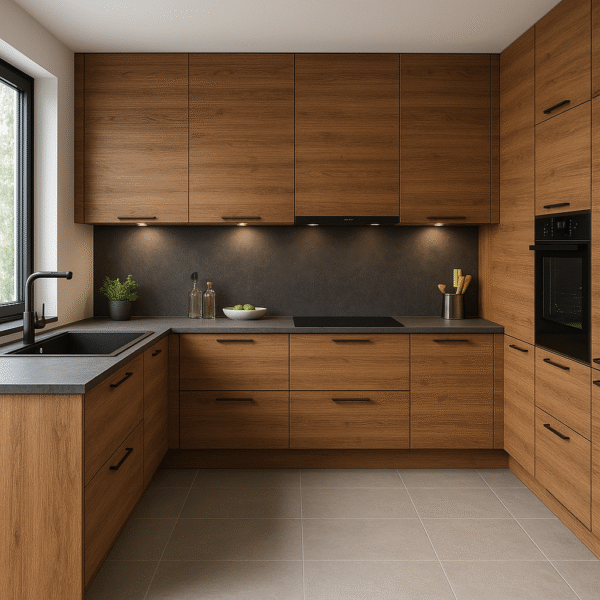 Moderner Küchenraum mit maßgefertigten Fronten in der Dekorfarbe K359 Brandy Castello Oak. Die Küche ist in U-Form angeordnet, mit klaren Linien, schwarzen Griffen, dunkler Arbeitsplatte und integriertem Backofen. LED-Unterbauleuchten und ein großes Fenster sorgen für eine helle, einladende Atmosphäre.