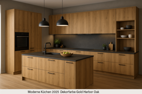 Moderne Einbauküche 2025 mit Holzdekoren in Gold Harbor Oak (Dekorfarbe K361), ausgestattet mit schwarzen Griffen, schwarzer Arbeitsplatte und Kücheninsel, vor grauer Wand in minimalistischer, stilvoller Ausführung