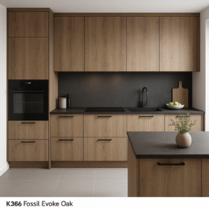 Moderne Küche nach Maß in der Dekorfarbe K366 Fossil Evoke Oak mit grifflosen Fronten, schwarzer Arbeitsplatte, integriertem Backofen und Kücheninsel, minimalistisch gestaltet im Stil von 2025.