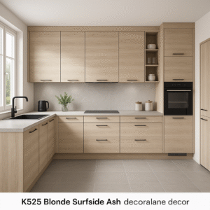 Moderne Einbauküche in L-Form mit Fronten in K525 Blonde Surfside Ash Dekor, schwarzer Armatur, flächenbündigem Induktionskochfeld, integriertem Backofen und großen Hängeschränken, beleuchtet durch Tageslicht aus einem Fenster