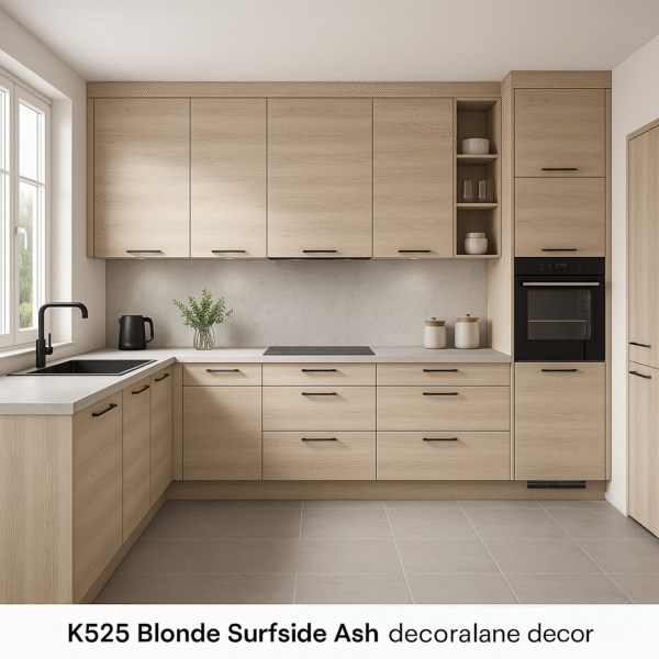 Moderne Einbauküche in L-Form mit Fronten in K525 Blonde Surfside Ash Dekor, schwarzer Armatur, flächenbündigem Induktionskochfeld, integriertem Backofen und großen Hängeschränken, beleuchtet durch Tageslicht aus einem Fenster