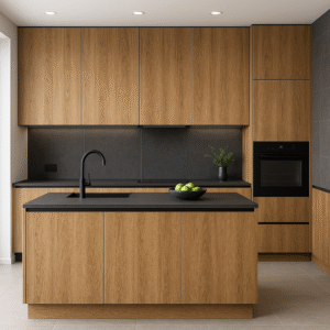 Moderne Einbauküche im Dekor K535 Gold Baroque Oak mit grifflosem Design, dunkler Arbeitsplatte und Rückwand in Anthrazit, zentraler Kochinsel und integriertem Backofen – minimalistischer Stil im Jahr 2025.