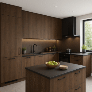 Moderne Küche in Ristretto Baroque Oak (Dekor K537) mit mattschwarzer Arbeitsplatte und grifflosem Design. Die Fronten zeigen eine elegante Holzstruktur mit horizontaler Maserung. Eine zentrale Kochinsel mit Obstschale, integrierte Geräte, schwarze Spüle und dezente LED-Unterbauleuchten runden das minimalistische Gesamtbild ab. Großes Fenster sorgt für viel Tageslicht.