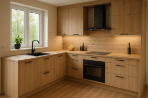 Moderne L-förmige Küche in der Dekorfarbe K543 Sand Barbera Oak mit mattschwarzen Griffen, Einbauherd, schwarzer Dunstabzugshaube und Spüle unter einem Fenster. Die warme Holzoptik schafft eine gemütliche, zeitgemäße Atmosphäre.