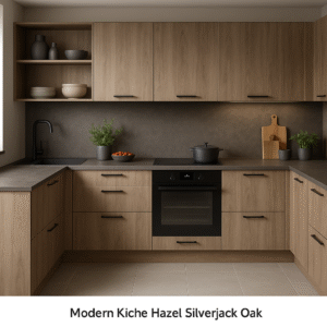Moderne Einbauküche in Hazel Silverjack Oak mit grifflosen Fronten, schwarzer Arbeitsplatte, dunkler Rückwand und integrierten Geräten in einem hellgrauen, minimalistischen Raumdesign.