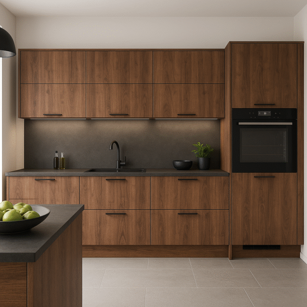Moderne Einbauküche in Holzoptik Tobacco Franklin Walnut (Dekorfarbe K547) mit mattschwarzer Arbeitsplatte, schwarzen Griffen und integriertem Backofen, darunter hellgraue Bodenfliesen und neutral gestrichene Wände – stilvolles Design 2025.