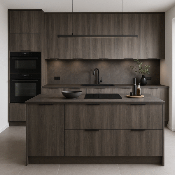 Modern gestaltete Küche nach Maß in der edlen Dekorfarbe K548 Smoked Kala Ash, mit grifflosen Fronten, zentraler Kücheninsel, mattschwarzen Armaturen und integrierten Geräten vor hellem, neutralem Hintergrund.