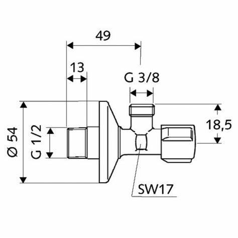 Technische Zeichnung mit Maßangaben wie Ø 54 mm Rosette, Ausladung 49 mm und Anschlussgrößen G 1/2"/G 3/8