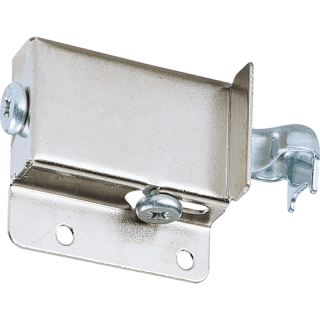 Hettich Schrankaufhänger 19476 aus Metall zur verdeckten Wandmontage von Hängeschränken, mit Justierschrauben für Höhen- und Tiefenverstellung.