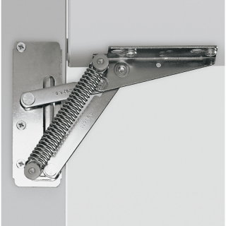 Hettich Hochklappbeschlag Lift Junior 79389 in 90°-Ausführung aus vernickeltem Stahl für Klappen bis 3,3 kg – ideal für Oberschränke und Klappen mit Federunterstützung.