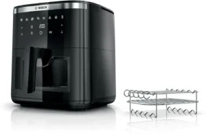 Bosch Serie 6 Heißluftfritteuse MAF671B1 in Schwarz mit 7,2 Liter Fassungsvermögen, LED-Touchdisplay, Sichtfenster und Grillzubehör