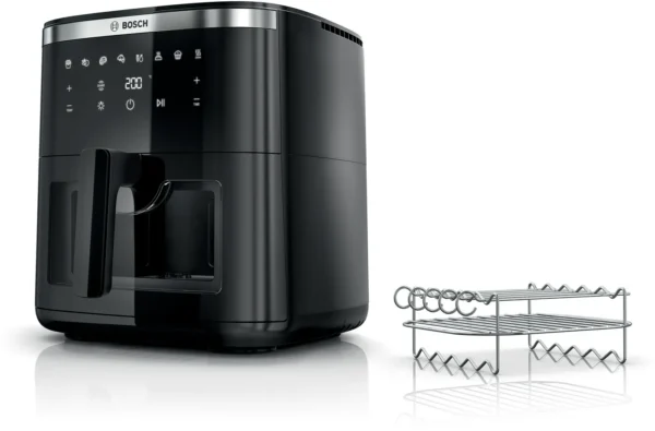 Bosch Serie 6 Heißluftfritteuse MAF671B1 in Schwarz mit 7,2 Liter Fassungsvermögen, LED-Touchdisplay, Sichtfenster und Grillzubehör