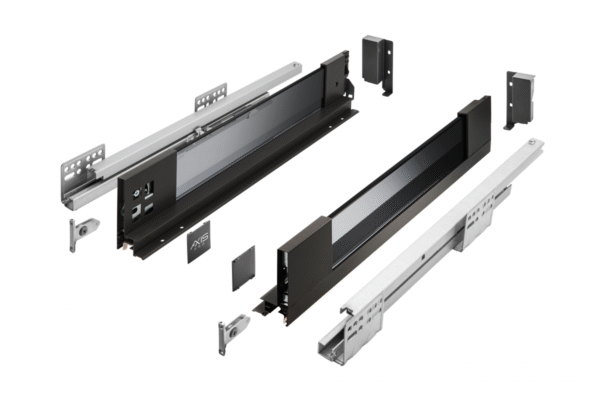 Schublade GTV AXIS PRO H=84, L=350, Soft-Close, Seite mit Glas, schwarz, PB-AXISPRO-GLASS-KPL350A2