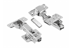 Eckanschlag-Scharnier mit Exzenterverstellung an Arm und Montageplatte, Clip-On, ohne Euroschr.