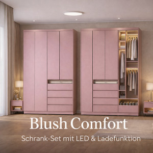 Blush Comfort Kleiderschrank-Set Kronospan K512 Pink , Design Schlafzimmer Set Pink – 2 Schränke + Nachttische, Kleiderschrank Set mit LED & Ladefunktion, Modern Pink Wardrobe Set Möbel, Schlafzimmermöbel Set Rosa – 300 cm Kleiderschränke Premium Kleiderschrank-Set Pink mit Schubladen & LED Nativ Pink Design-Schrankset – Maßmöbel Schlafzimmer