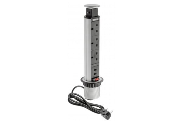 Desktop Einsteck-Verlängerungskabel 60mm, 3x UK-Buchse, 2xUSB 2,1A 5V (silber) ENGLISCHE VERSION