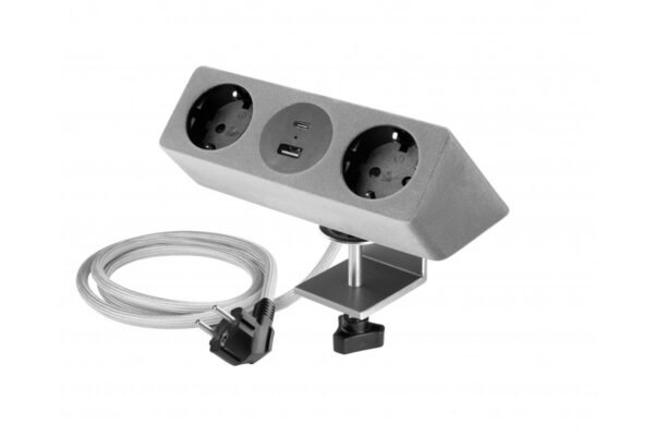 Sofito Möbelsteckdose, 2 x Schuko-Steckdose, USB A+C, 1,5m Kabel, grau beflockt, mit Halterung