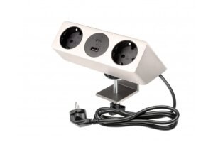 Sofito Möbelsteckdose, 3 x Schuko-Steckdose, USB A+C, 1,5m Kabel, Edelstahl mit Halterung