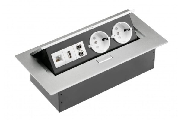 Desktop-Verlängerungskabel2x Schuko-Buchse, USB-Buchse, Audio (Banane), RJ45-Buchse (Ethernet), ohne Kabel, Alu