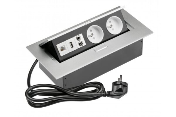 Schreibtischverlängerungskabel 2x Buchse mit uziem, gn. USB, Audio (Banane), gn. RJ45, Stromkabel mit Stecker, alu