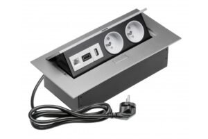 Schreibtischverlängerungskabel 2x Buchse mit uziem, HDMI Buchse, Netzkabel mit Stecker, alu