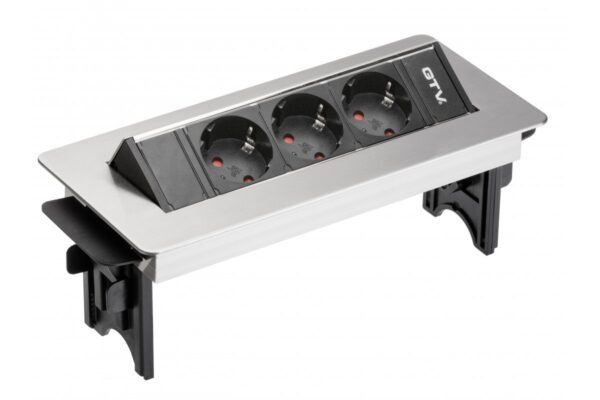 Desktop-Verlängerungskabel ohne Kassette 3x Schuko-Buchse, 1,5m Netzkabel mit Inox-Stecker