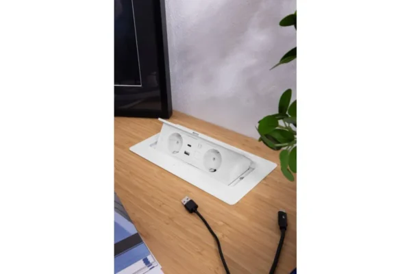 MULTISOFT Möbelsteckdose 2x Schuko-Steckdose USB A+C RJ45 Netzkabel mit Stecker weiß
