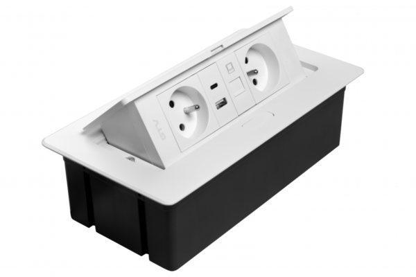 MULTISOFT Möbelsteckdose 2x Steckdose mit Erdung, USB A+C, RJ45, Netzkabel mit Stecker, weiß