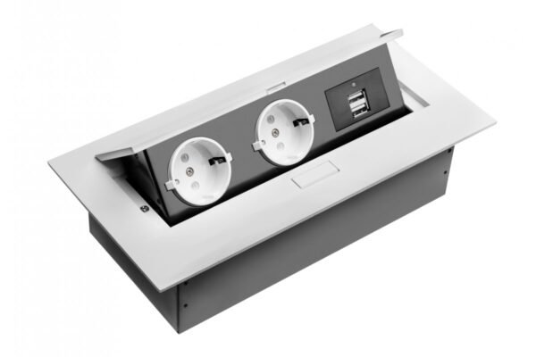 Desktop-Verlängerungskabel, 2x Schuko-Buchse, 2xUSB, ohne Kabel, weiß